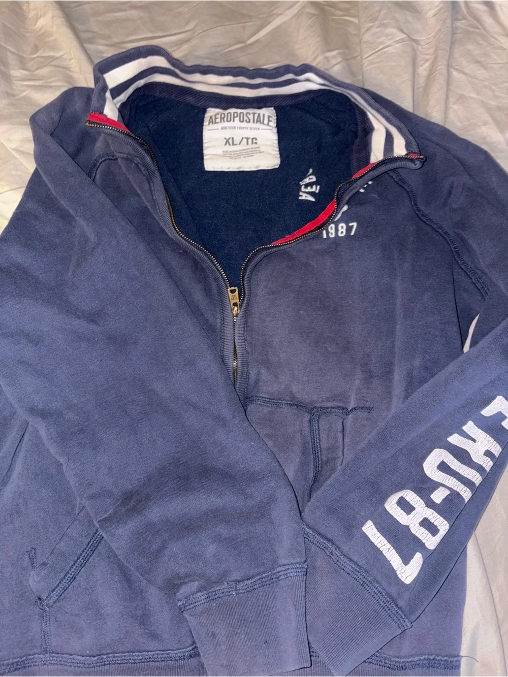 Aeropostale Men's Navy Zip-Up Sweatshirt with White Chest Logo
